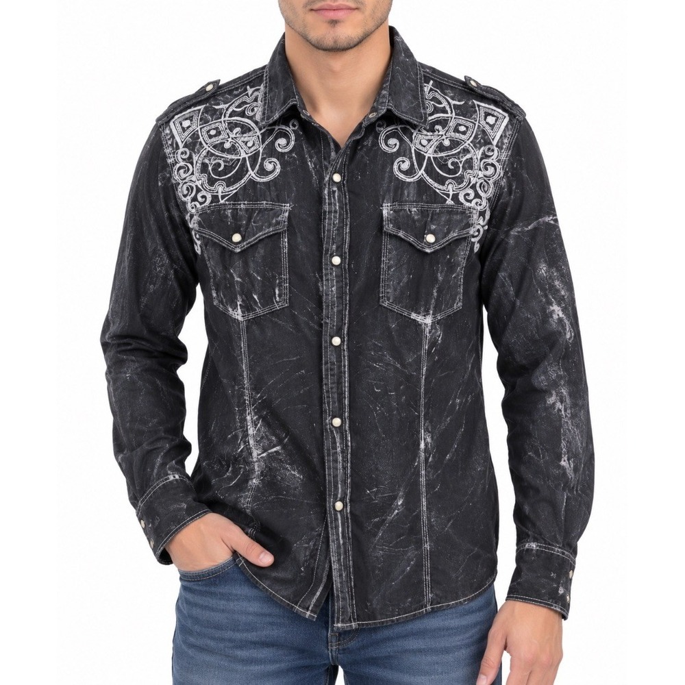 Pop Icon Clothing Mens Black Acid Wash Embroidered Western Snap Shirt M